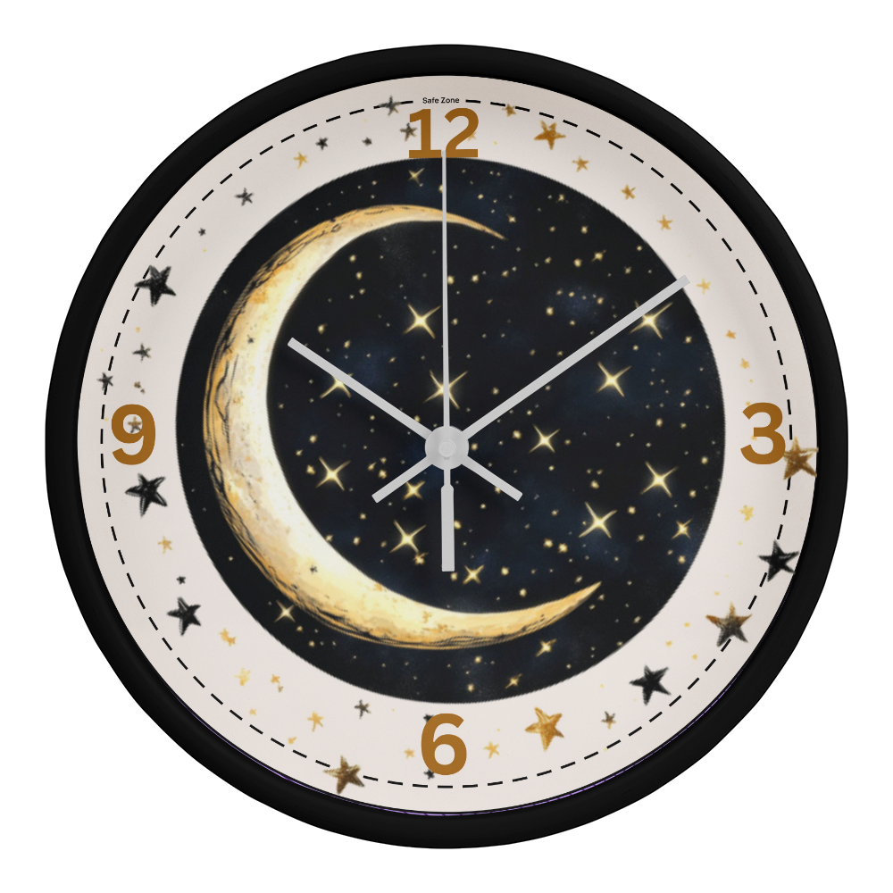 Wooden Frame 10" Clock  Cresent Moon & Stars