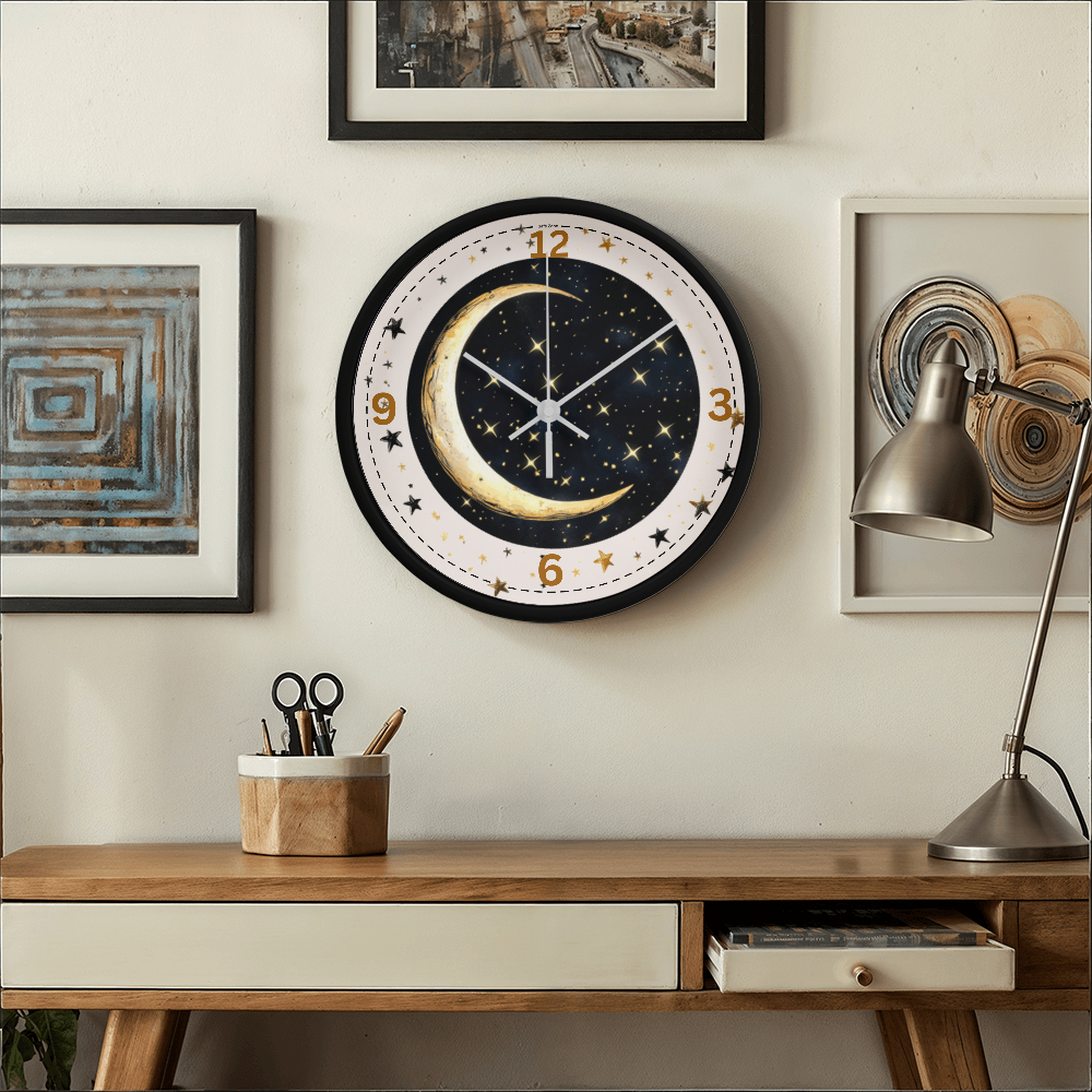 Wooden Frame 10" Clock  Cresent Moon & Stars