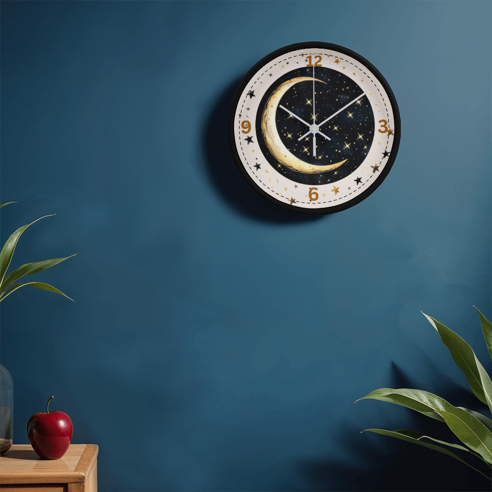 Wooden Frame 10" Clock  Cresent Moon & Stars