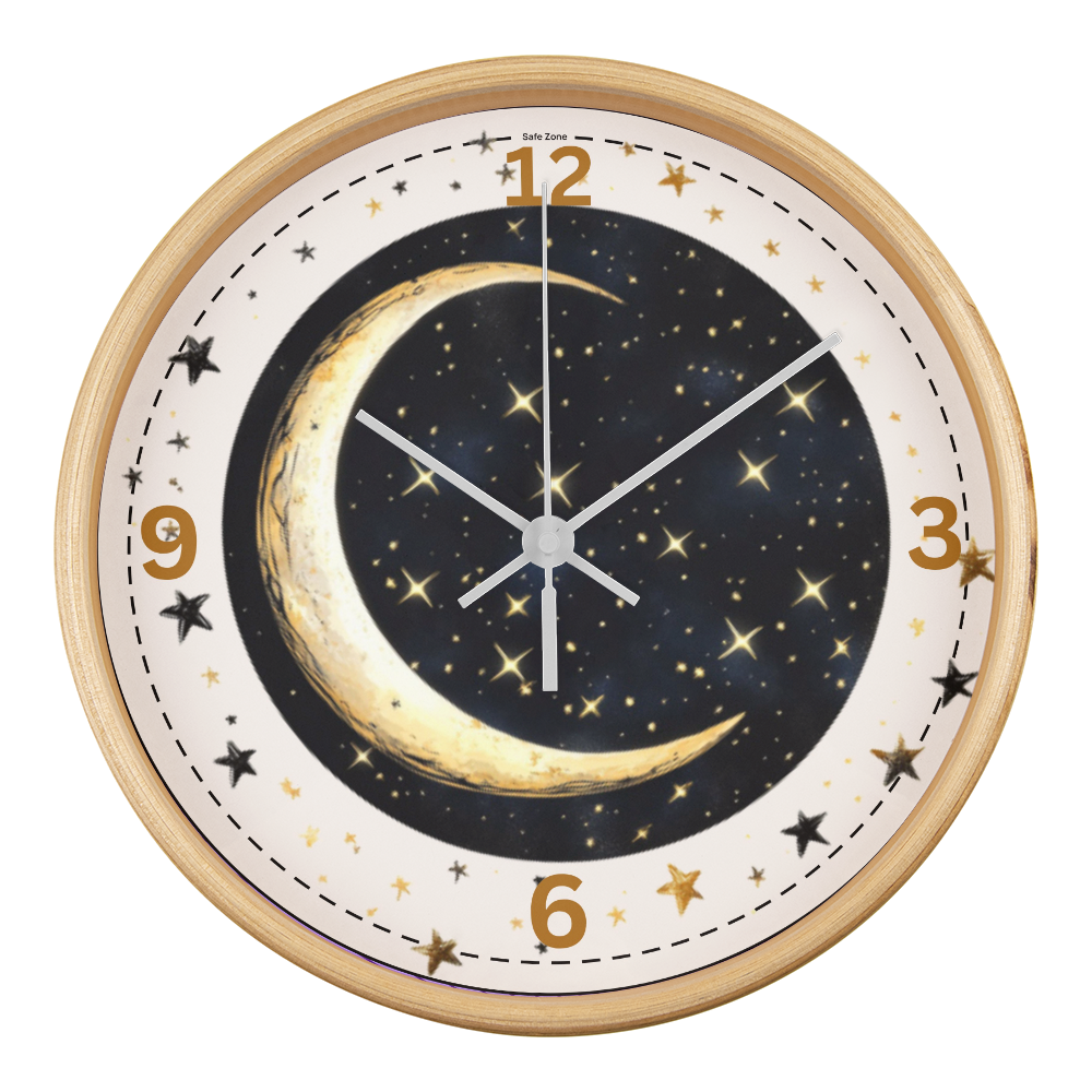 Wooden Frame 10" Clock  Cresent Moon & Stars