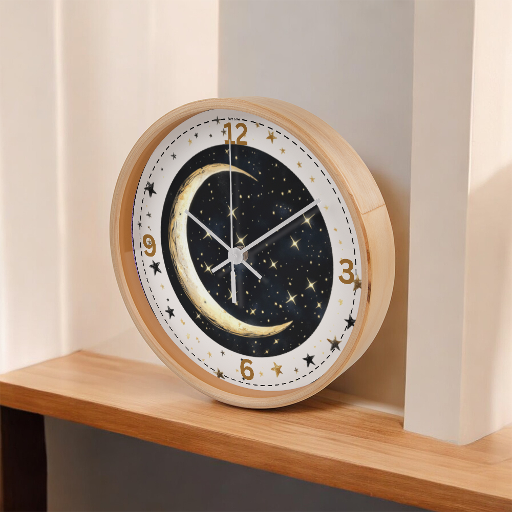 Wooden Frame 10" Clock  Cresent Moon & Stars