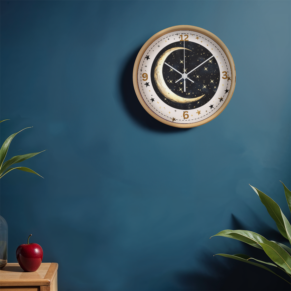 Wooden Frame 10" Clock  Cresent Moon & Stars