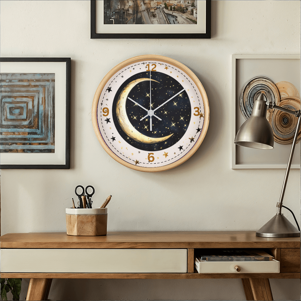 Wooden Frame 10" Clock  Cresent Moon & Stars