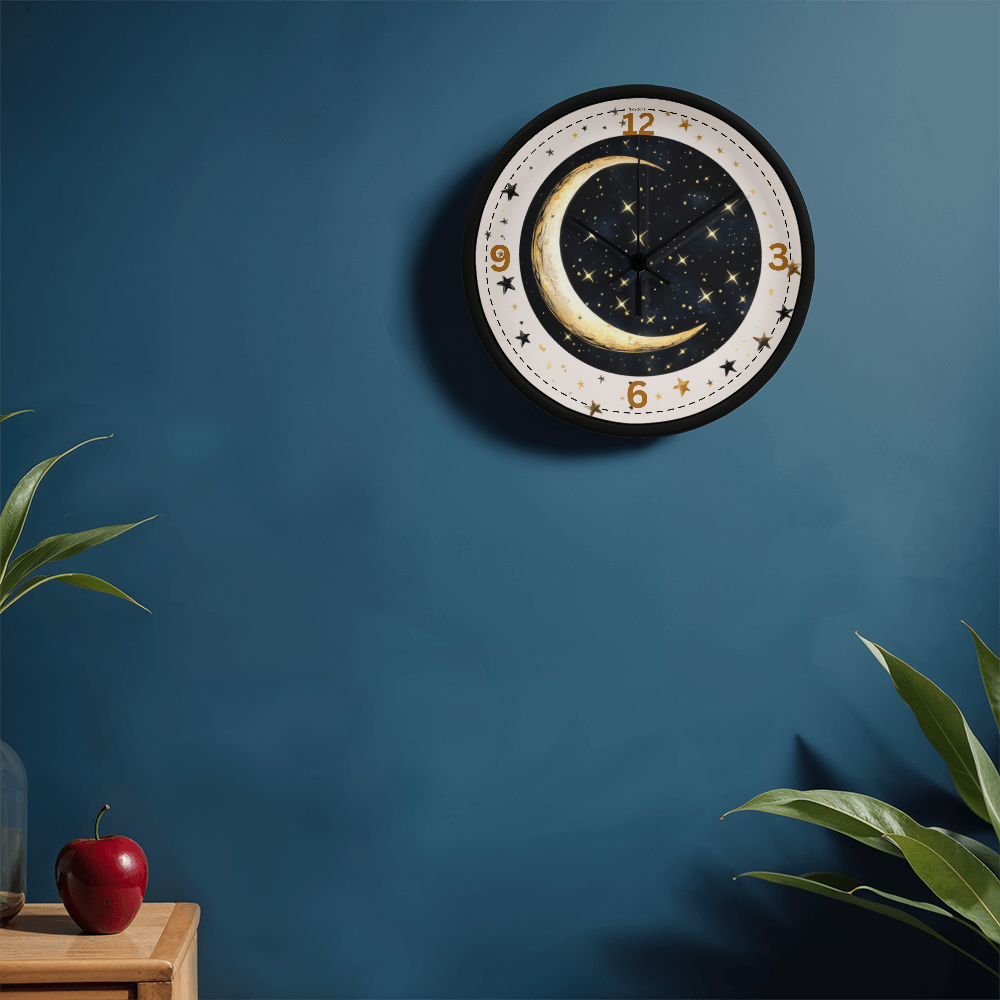 Wooden Frame 10" Clock  Cresent Moon & Stars